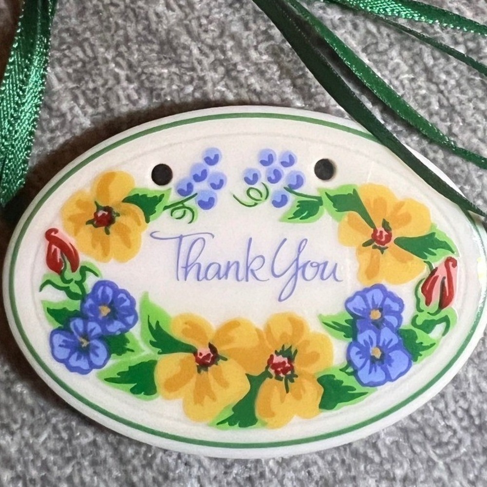 Longaberger Pottery Thank You Floral Basket Tie-On Ceramic Tag Ornament USA